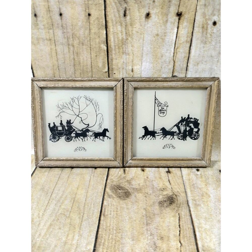 Vtg Reliance Reverse Painted Silhouette Picture YE COACH STOP Set Of 2
